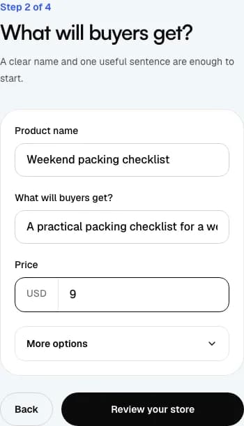 Product name, description and price fields