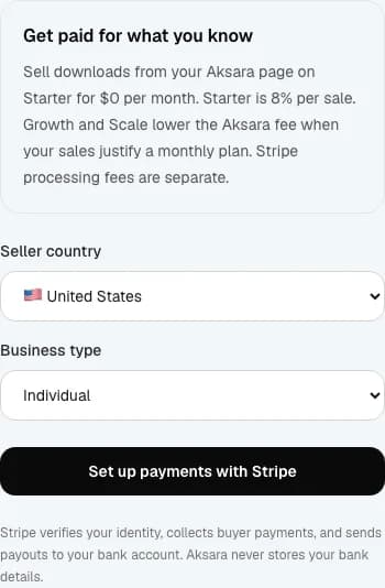 Seller payments setup with country and account type