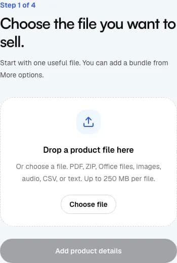 The first product upload screen